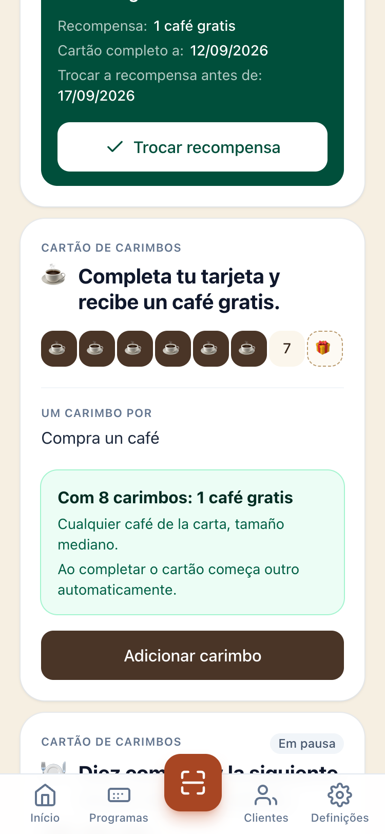 Cliente digitalizado na app Delids, com o cartão e o botão para adicionar um carimbo.