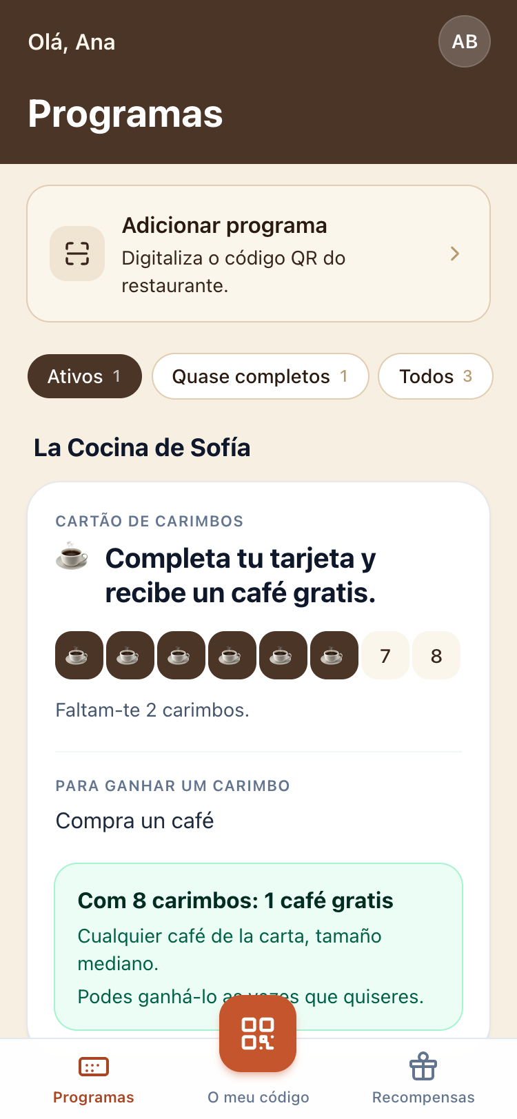 Cartão de carimbos a meio na app do cliente.